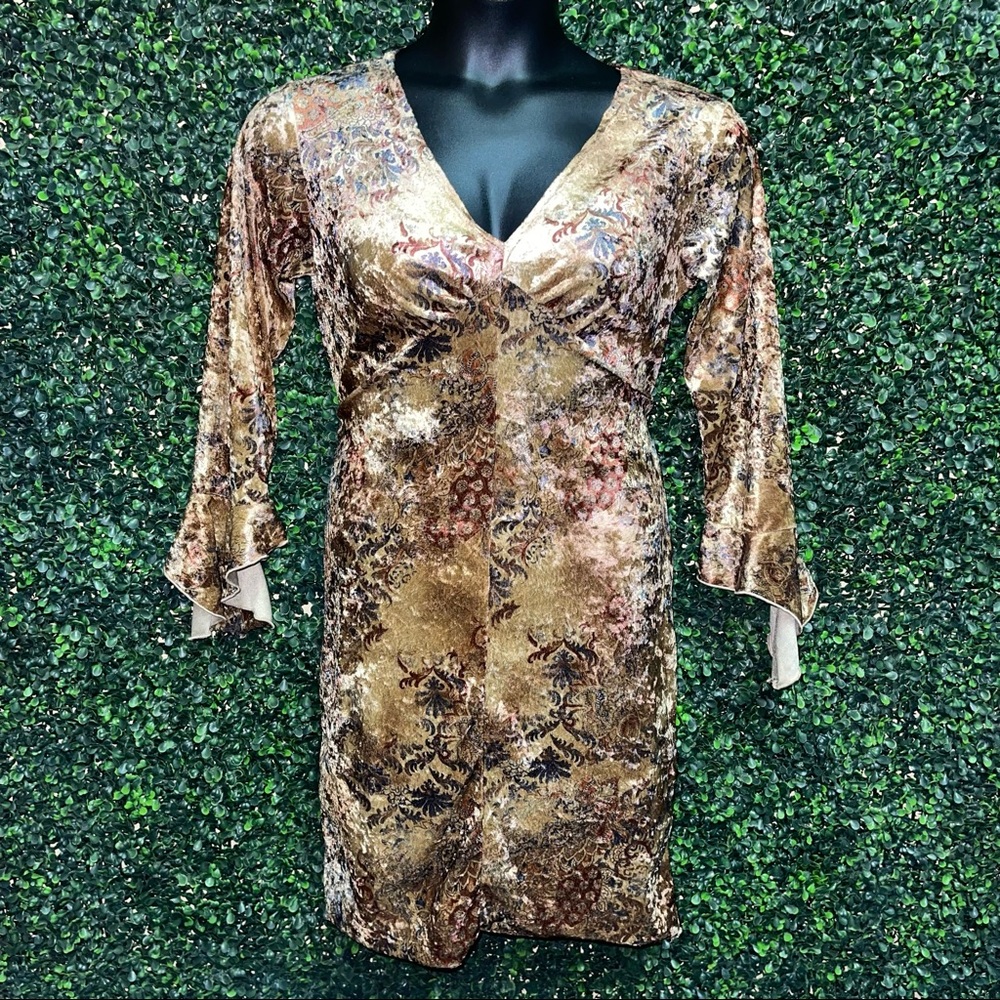 Vintage 90s Velvet Brown Gold Ruffle Cuff Sleeve Dress Size Medium